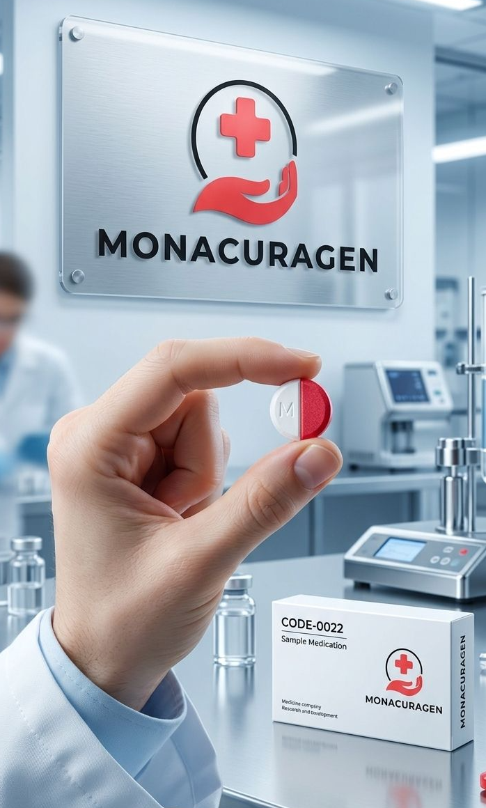 Monacuragen medical research laboratory with branded medicine packaging and healthcare innovation concept